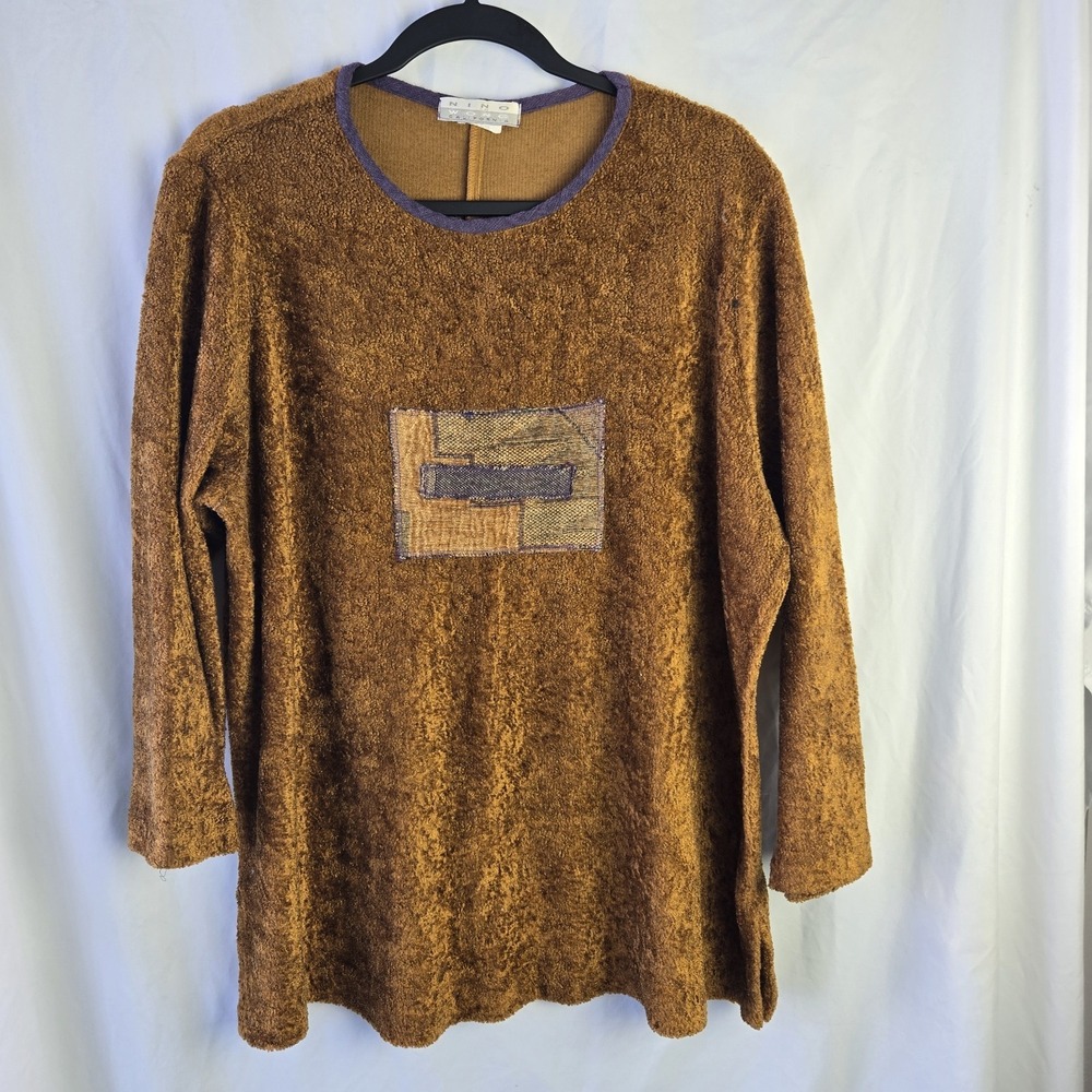 Vtg 90s NINO WONG California Sweater Brown Soft  Embroidered Patch Lagenlook‎